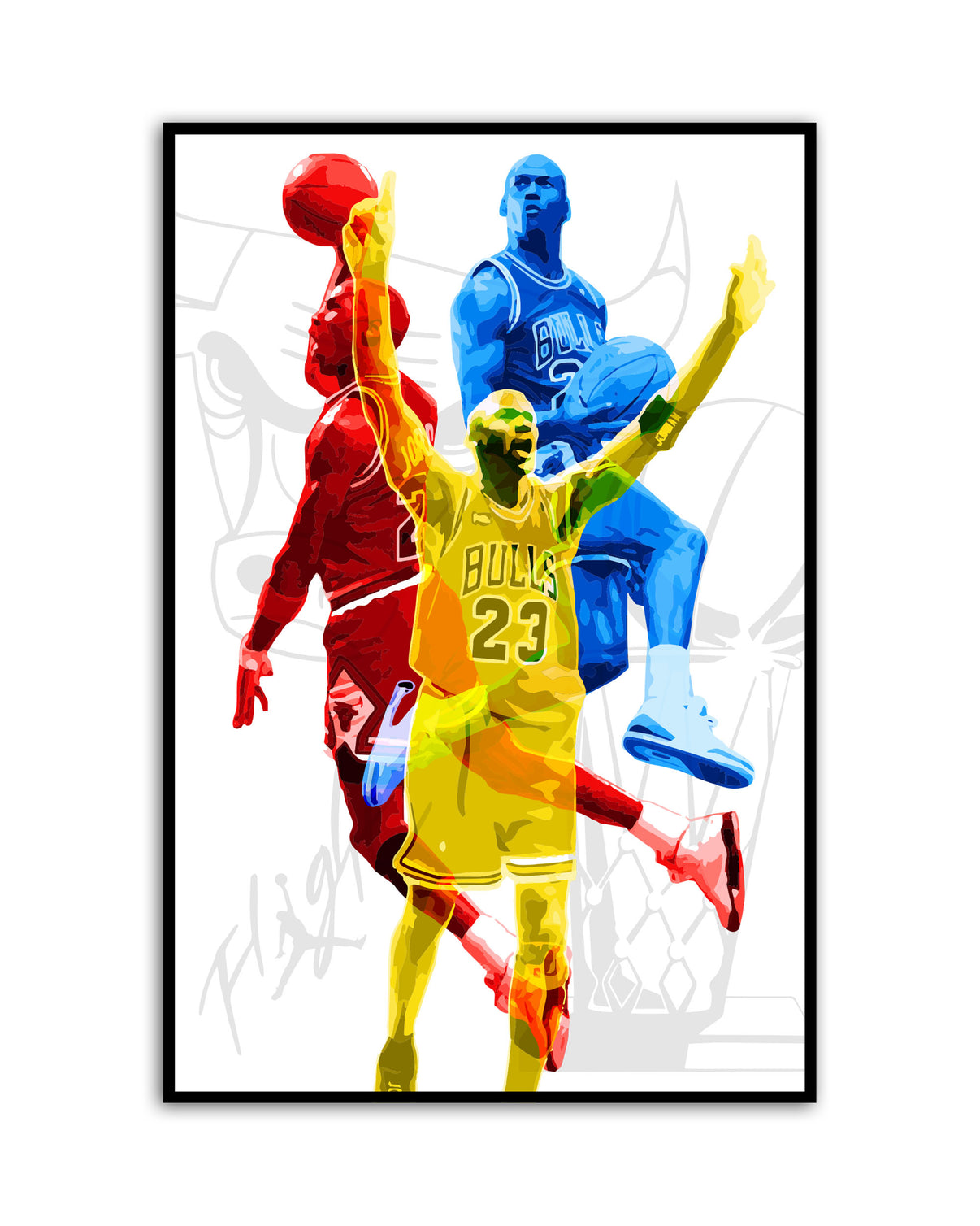 Michael Jordan light reactive art print featuring three iconic dunk poses in red, yellow, and blue with the Chicago Bulls logo and Flight script in the background — 16x24 framed wall art