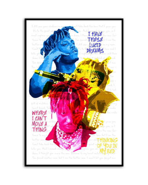Juice WRLD light reactive art print featuring three overlapping portraits in blue, red, and yellow with full Lucid Dreams lyrics in the background — 16x24 framed wall art