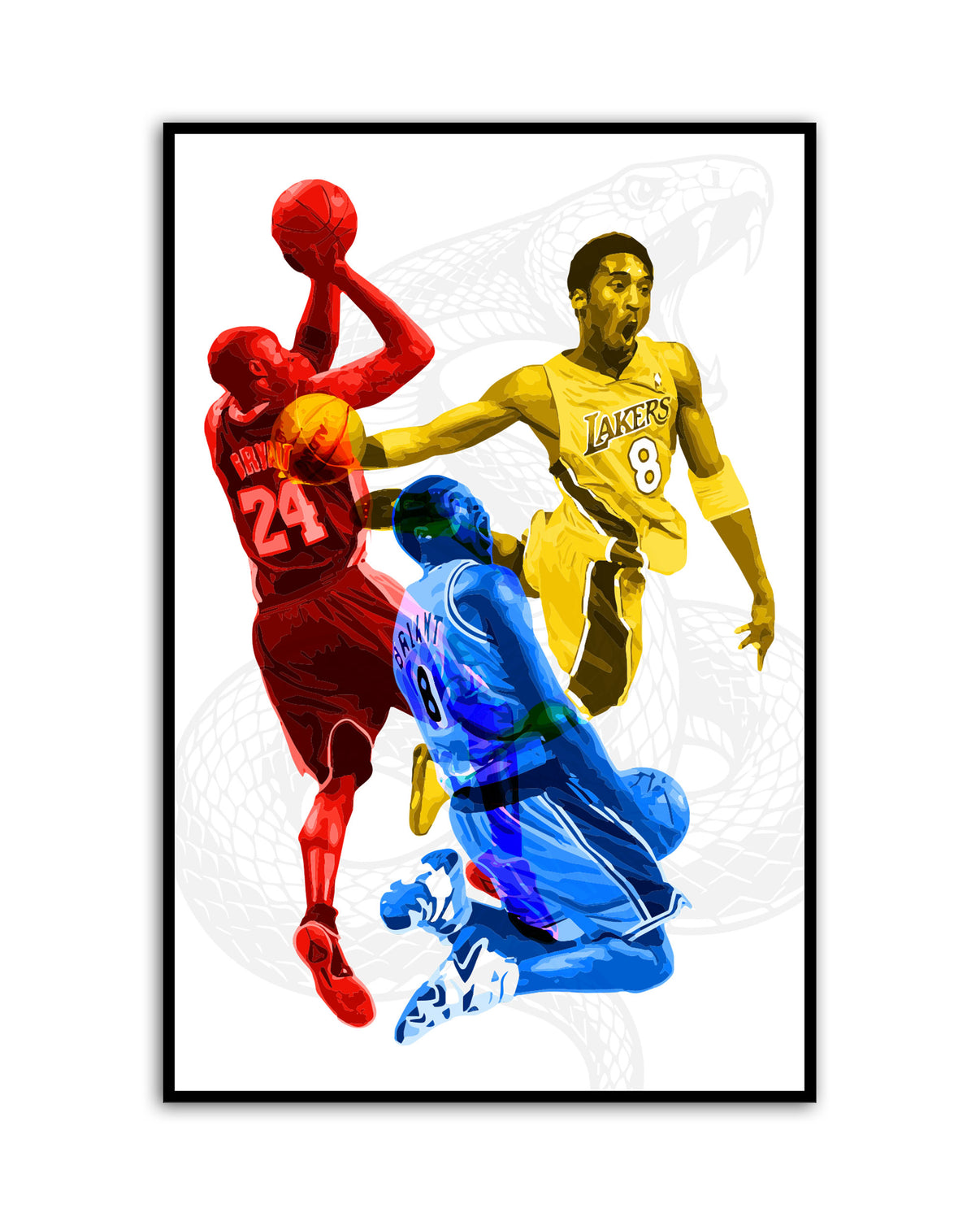 Kobe Bryant light reactive art print featuring three poses in red, yellow, and blue with a Black Mamba snake watermark in the background — 16x24 framed wall art