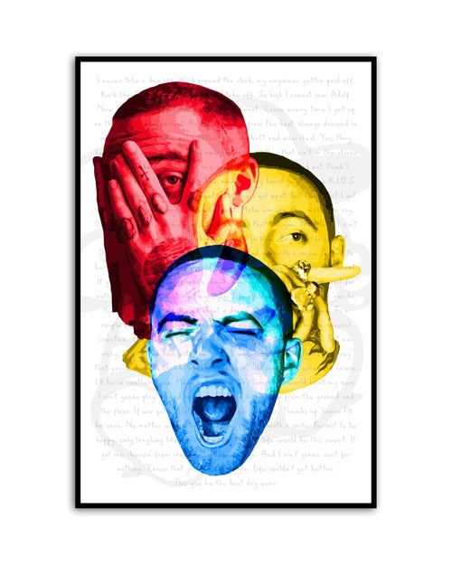 Mac Miller light reactive art print featuring three portraits in red, blue, and yellow with full Best Day Ever lyrics in the background — 16x24 framed wall art